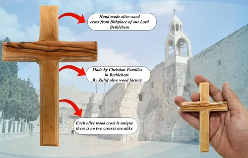Vista 2 de Cruz de pared de madera de olivo de Zuluf de Belén 12 cm Hecha a mano, decoración cristiana y católica, regalo navideño para colgar en la pared