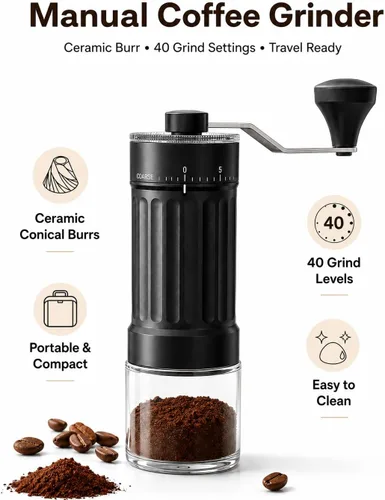 Vista 2 de Molinillo de café manual con rebabas de cerámica, 40 ajustes ajustables para expreso, V60, verter, campamento y viajes