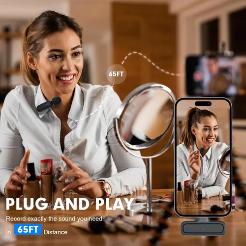 Vista 4 de Paquete de 2 micrófonos inalámbricos Lavalier para iPhone y Android, micrófono con clip de reducción de ruido Plug and Play con funda de carga