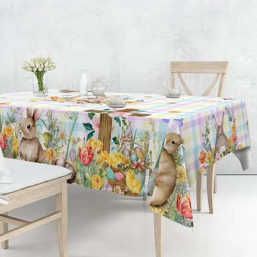 Vista 9 de Mantel Redondo de Pascua, Mantel Redondo de Mesa de Pascua de 70 Pulgadas con Conejo y Huevos, Cubierta de Mesa de Cocina a Cuadros Búfalo