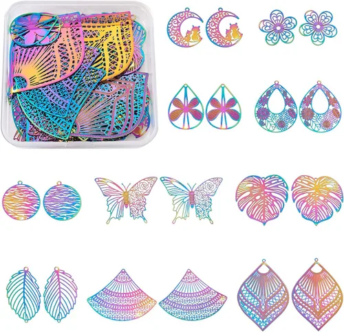 Vista 17 de FASHEWELRY 50 piezas de conectores de filigrana de mariposa de acero inoxidable, adornos de metal grabados con arco iris para fabricación de joyas