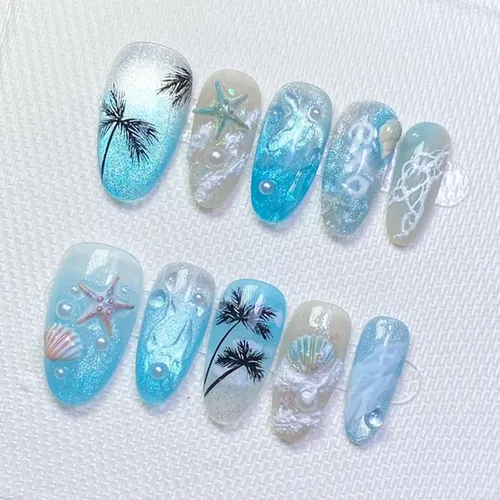 Vista 29 de Uñas postizas a presión con punta francesa, uñas postizas medianas con flores 3D, concha de perla, diseño de estrellas de mar, uñas blancas a