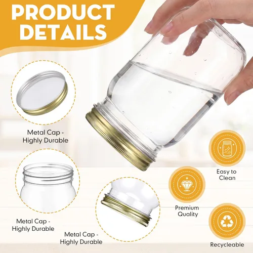 Vista 3 de Gerrii 12 tarros de plástico transparente de 16 onzas con tapas, vasos de cóctel rellenables, envases de avena vacíos durante la noche, recipientes