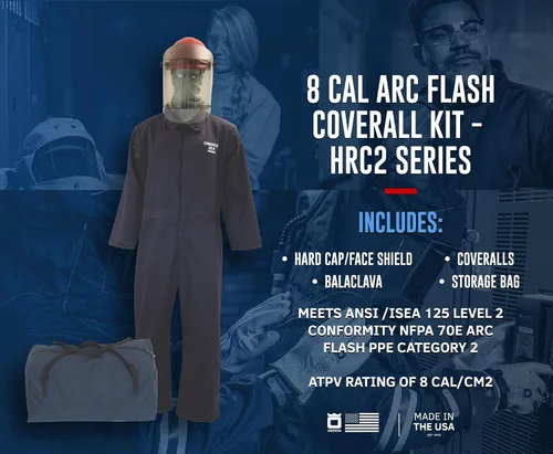 Vista 2 de Oberon Arc Flash Coverall Kit - 8 CAL - Includes Hard Cap, Face Shield, Balacalva, Coveralls and Storage Bag - HRC2 SERIES