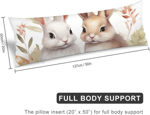 Vista 2 de Funda de almohada corporal con diseño de conejitos y hojas de bebé, funda de almohada grande con cremallera oculta, conejo de Pascua, funda larga