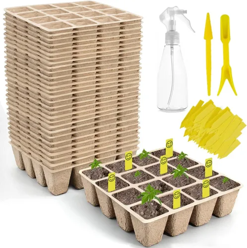 Vista 10 de Bandeja de inicio de semillas 100 celdas, macetas de turba biodegradables para plántulas, paquete de 10 vasos cuadrados de pulpa de 1.8 pulgadas