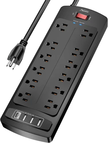Vista 8 de ALESTOR - Regleta de enchufes con protector contra sobretensiones, 12 tomas de corriente y 4 puertos USB, cable de extensión de 6 pies