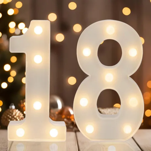 Vista 12 de Números Decorativos con Luces LED, Decoraciones de Cumpleaños número 13, Luces de Números LED Blanco Cálido, Letrero de Número de Marquesina