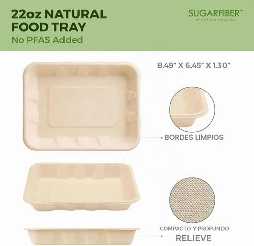 Vista 2 de 100 unidades Harvest Pack 22 oz Bandejas de comida compostables, 21.56 cm x 16.38 cm x 3.3 cm Contenedor de comida desechable LIBRE de PFAS, platos