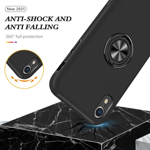 Vista 8 de Funda compatible con iPhone XR con protector de pantalla de vidrio templado para hombres, funda protectora ligera 2 en 1 con soporte de anillo