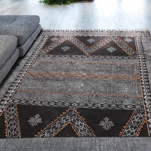 Vista 2 de Collection - Alfombra rectangular de algodón negro Dhurrie de 2 x 3 pies, alfombra geométrica Kilim para interiores y exteriores, alfombra de tejido