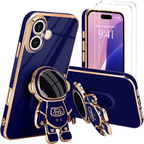 Vista 32 de Pepmune - Funda para iPhone 15 con soporte de astronauta 3D, color negro [2 Screen Protector], Luxury Electroplated Soft TPU Cover with Kickstand