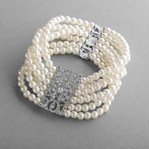 Vista 3 de Mariell Pulsera elástica de perlas de marfil y cristal, tamaño mediano de 6 a 7 pulgadas, se adapta a la mayoría de muñecas, perlas de imitación
