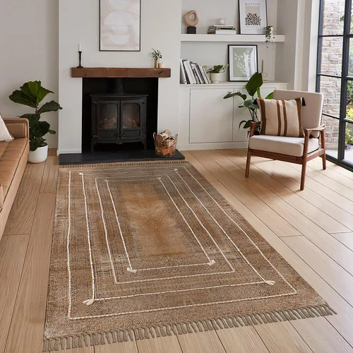Vista 2 de Kilim Alfombra de Área 2x3 pies, color marrón bronce, diseño abstracto, estampado a mano en bloque, algodón Dhurrie, lavado a mano en superficie