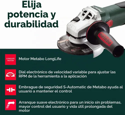 Vista 9 de Metabo WEV15-125 HT Amoladora angular, con traba, de 13.5 amperes, con 2800 a 9600 revoluciones por minuto, con elementos electrónicos y alto par