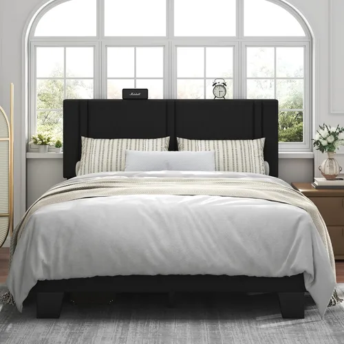 Vista 10 de Feonase Base de cama individual con plataforma doble, marco de cama individual tapizado en terciopelo, listones de madera maciza y soporte para pies