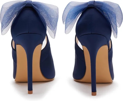 Vista 3 de Coutgo Zapatos de tacón alto con punta cerrada y puntiaguda para mujer, con nudo de lazo, corte de satén, sin cordones, para bodas, fiestas, zapatos