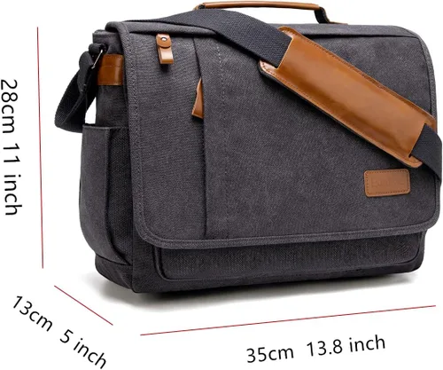 Vista 2 de ESTARER Bolsa de mensajero para laptop de 13 a 14 pulgadas, resistente al agua, bolsa de hombro de lona para universidad de negocios, gris