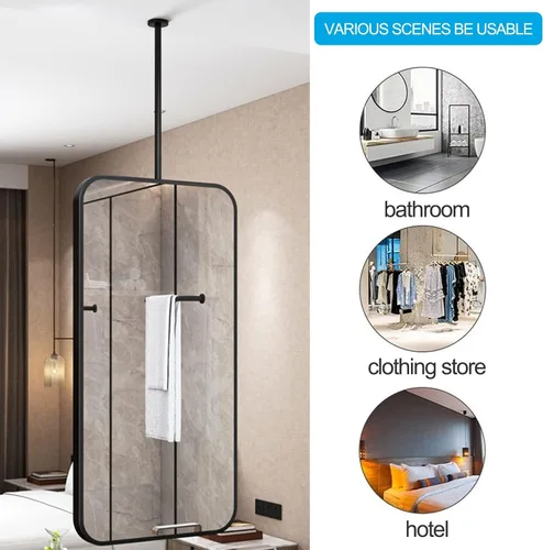 Vista 4 de Espejo cuadrado colgante de techo con marco de metal, espejos decorativos de tocador de pared para baño, espejo colgante de metal negro, espejo