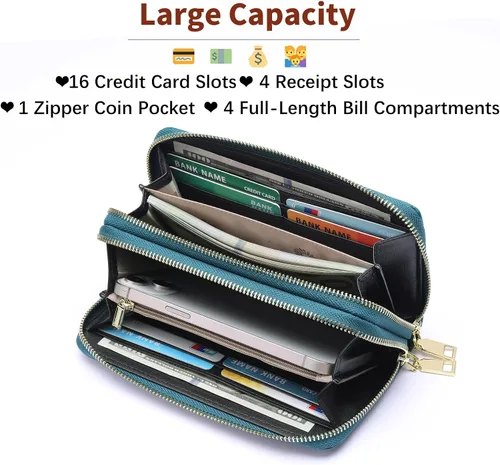 Vista 2 de GOIACII Cartera de mujer de gran capacidad con doble cremallera para mujer, soporte para teléfono con bloqueo RFID, correa de cuero, A02 Verde
