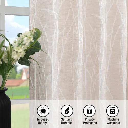Vista 6 de Pitalk - Cortinas con patrón beige de 63 pulgadas de largo para dormitorio, 2 paneles con pestaña trasera y bolsillo, diseño de ramas de árbol