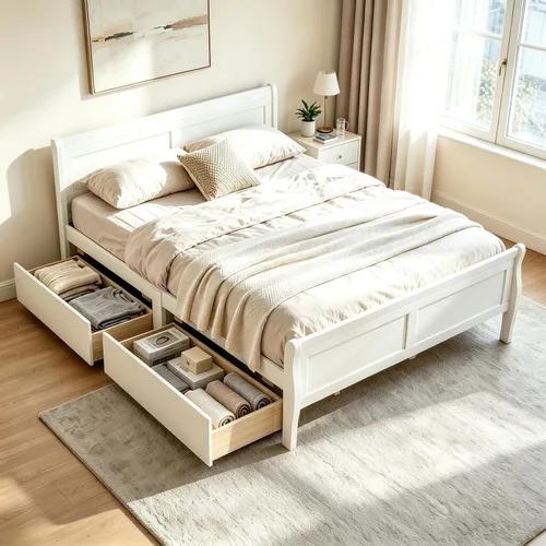 Vista 17 de KOMFOTT Cama individual con 2 cajones, cama de almacenamiento individual con cabecera y estribo, marco de cama de madera de trineo con soporte