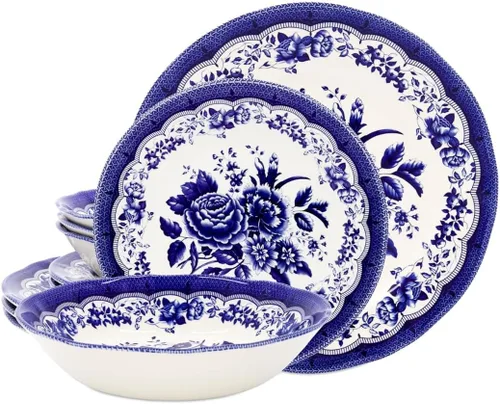 Vista 13 de Tudor Royal - Juego de vajilla redonda de porcelana de 12 piezas, servicio para 4, diseño botánico, flores de verano, platos, cuencos, brillante