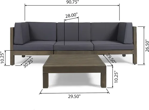 Vista 9 de GDFStudio Juego de sofá modular para exteriores con mesa auxiliar, 4 piezas, 3 plazas, madera de acacia, cojines para exteriores, gris y gris oscuro