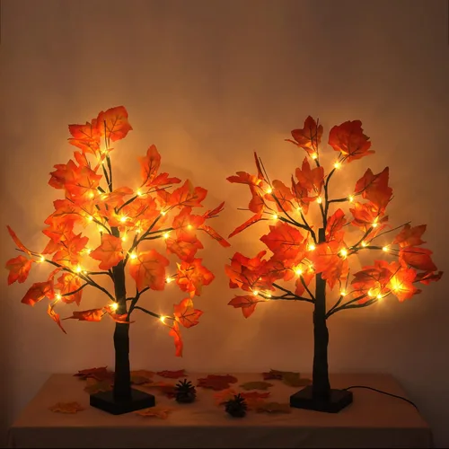Vista 9 de Paquete de 2 árboles de arce iluminados de 20 pulgadas, 48 luces LED, árbol artificial de otoño para decoración de interiores de cosecha de Acción