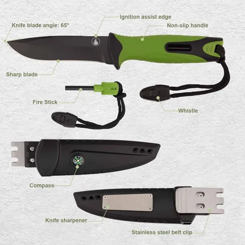 Vista 3 de Cuchillo de caza de hoja fija, hoja de acero inoxidable, cuchillo de hoja fija con funda, arrancador de fuego, sacapuntas, silbato y brújula