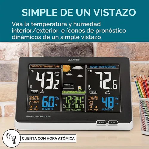 Vista 2 de Estación de pronóstico digital atómica inalámbrica de colores La Crosse Technology con alertas
