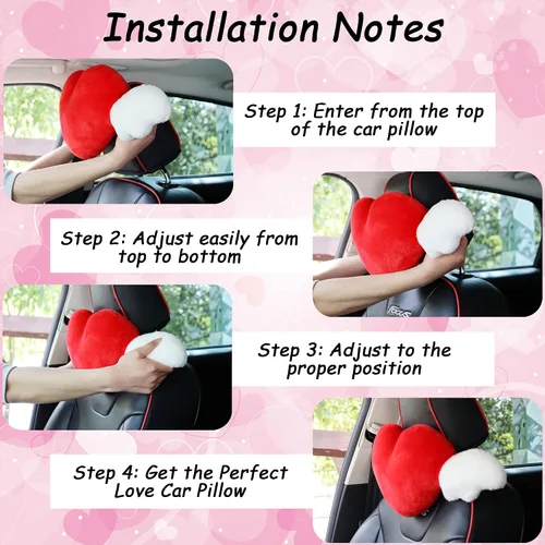 Vista 4 de Paquete de 2 almohadas para reposacabezas de automóvil en forma de corazón con alas de ángel, cómodo cojín suave para reposacabezas kawaii