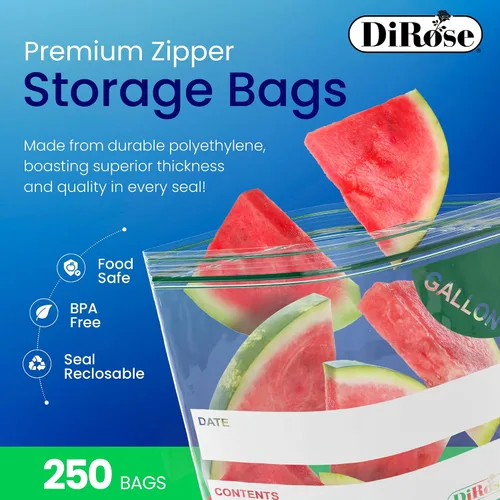 Vista 3 de DiRose Paquete de 250 bolsas de almacenamiento con cierre de 1 galón, diseño práctico y duradero, material seguro para alimentos, sin BPA, cierre