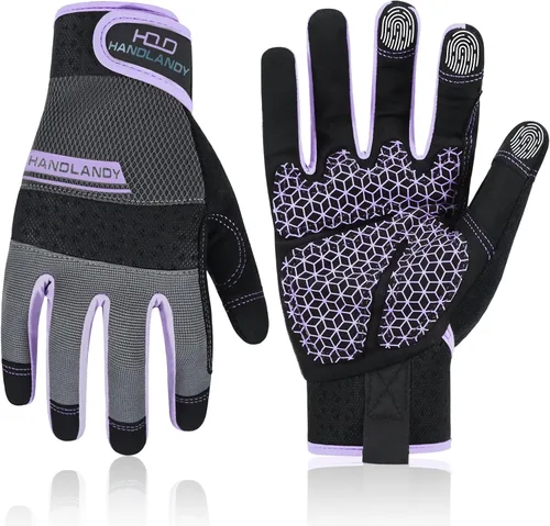 Vista 18 de HANDLANDY Guantes de trabajo para mujer, guantes de jardinería de cuero transpirable para mantenimiento de patio, protección de manos con pantalla