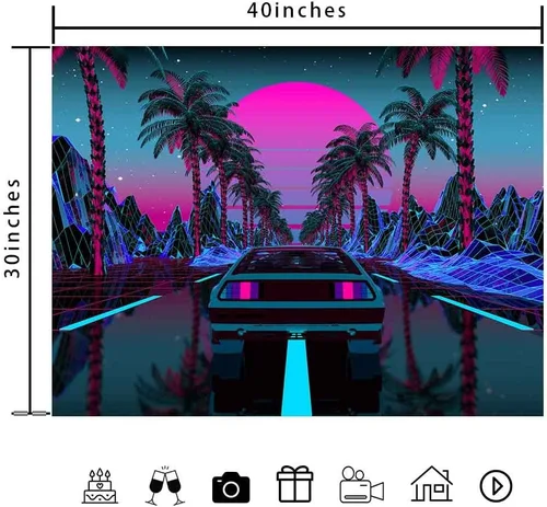 Vista 6 de Ine Ive Tapiz de coche de los años 80, escena urbana de la calle, palmeras, puesta de sol, cielo estrellado, tapiz de pared punk, 40 x 30 pulgadas