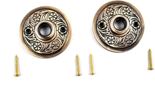 Vista 5 de Renovators Supply Manufacturing Par de rosetas de pomo de puerta de 2.38 pulgadas de latón antiguo decorativo para puerta