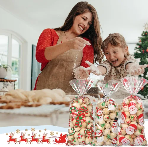 Vista 5 de Pasimy 100 Piezas Bolsas de Celofán Navideñas para Dulces con Lazos Bolsa de Regalo de Plástico Transparente a Granel Bolsas de Celofán Navideñas