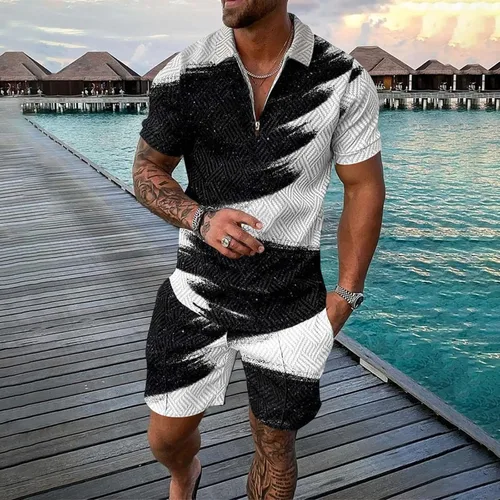 Vista 2 de Conjunto de camisa polo y pantalones cortos para hombre, trajes de verano, elegante, casual, de manga corta, traje de polo para hombre, 2 piezas