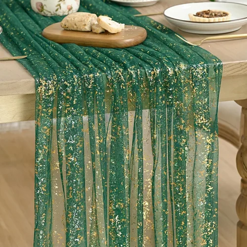 Vista 32 de Artoid Mode Camino de mesa de gasa color beige dorado de 120 pulgadas, 10 pies, lámina metálica con purpurina transparente para comedor, boda