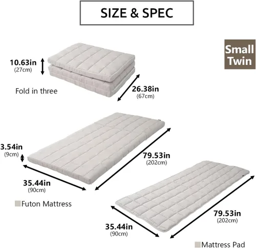 Vista 2 de EMOOR Colchón de futón japonés de triple pliegue Machi con protector de colchón S-Twin gris, fuelle plegable, almacenable, lavable, para dormir