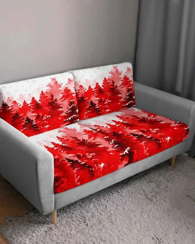 Vista 3 de Fundas de cojín rojas para sofá con diseño de árbol de Navidad, funda elástica para sofá con parte inferior elástica, diseño de árbol de Navidad