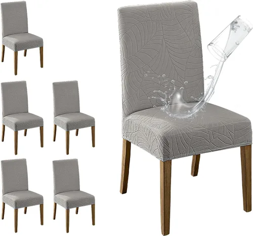 Vista 25 de MOSAYT Juego de 2 fundas para sillas de comedor 100% impermeables, súper ajuste elástico jacquard Parson, fundas extraíbles y lavables para sillas