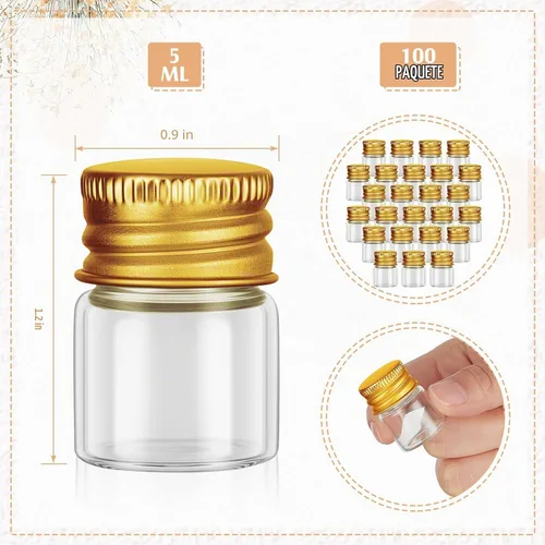 Vista 2 de Tessco for you 100 piezas botellas de vidrio mini de 5 ml (0.17 onzas líquidas) con tapa de aluminio, frascos pequeños, frascos de vidrio mini Dorado