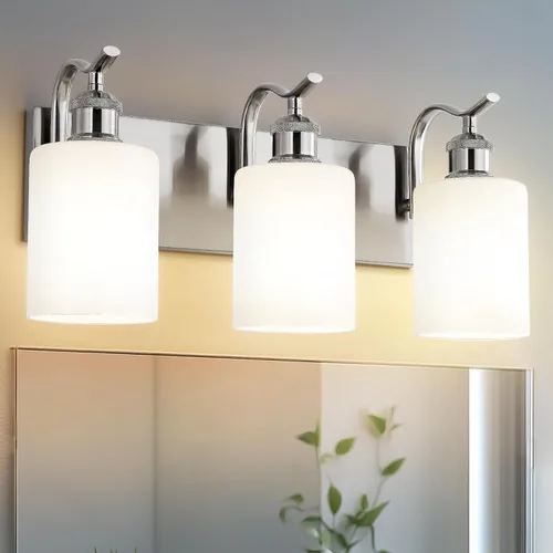Vista 16 de Lámpara de tocador de baño de 3 luces, aplique de pared de níquel cepillado, lámpara de baño moderna con vidrio transparente, VL01BN-3 Níquel