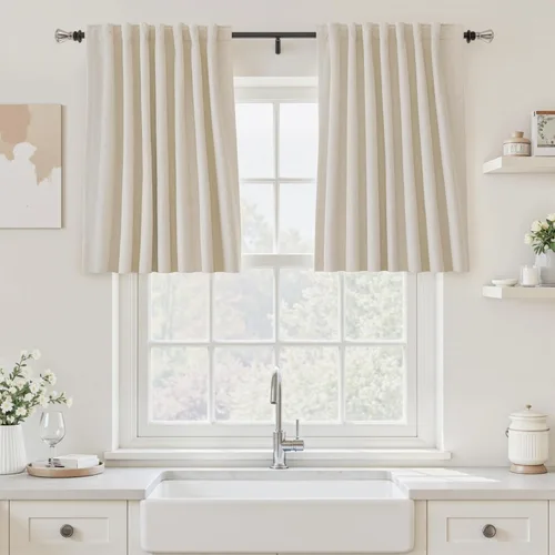 Vista 109 de UHITECH Cortinas cortas de lino de 24 pulgadas de largo para ventanas pequeñas de granja, cortinas opacas modernas para sala de estar, pestañas