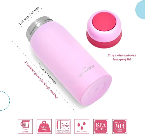Vista 3 de GrandTies - Botella de agua aislante para niños, botella ligera de acero inoxidable aislada al vacío de 12 onzas, botella térmica de doble pared
