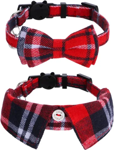 Vista 15 de Faleela Juego de 2 collares de gato con corbata de moño y campana, collar de camisa a cuadros para gatito ajustable de seguridad