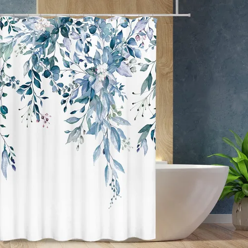 Vista 16 de Tititex - Juego de cortinas de ducha de eucalipto negro, hojas de acuarela gris en la parte superior, con decoración floral de baño, 60 x 72