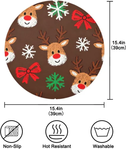 Vista 4 de Manteles individuales de Navidad con lazo y ciervos marrones para mesa de comedor, tejido redondo, reutilizables, para bebé, juego de 4 manteles