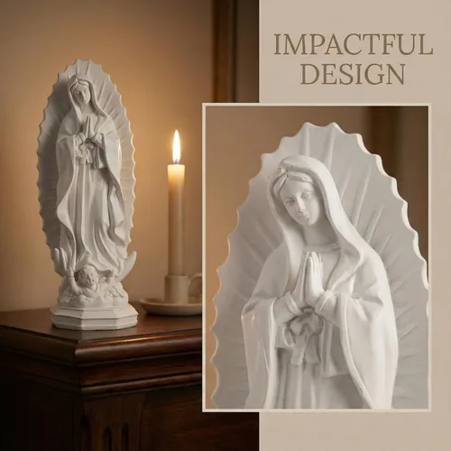 Vista 6 de DECHOUS Estatua de la Señora de Guadalupe blanca – 7.5 pulgadas de alto, figura religiosa de resina de Guadalupe para oficina en casa, estatua